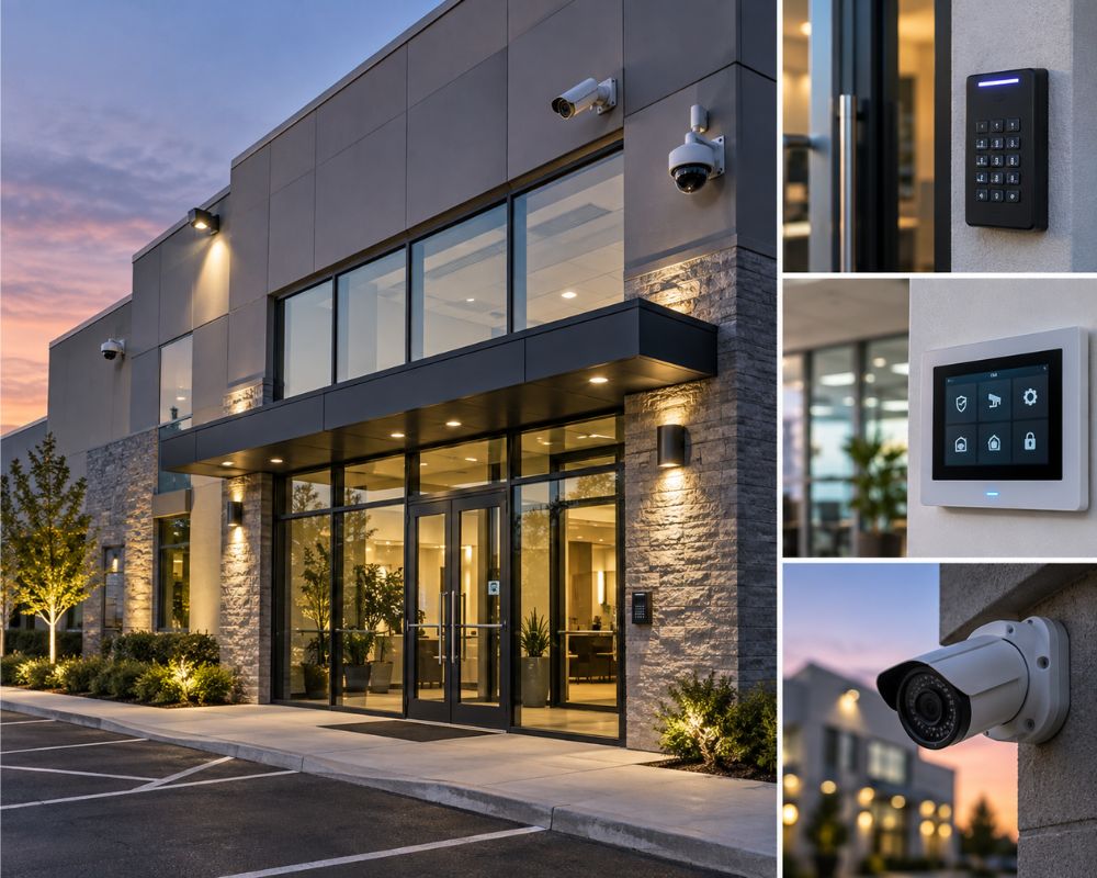 Commercial building entrance at dusk with bullet and dome cameras, a keypad access control reader, and a wall mounted security panel