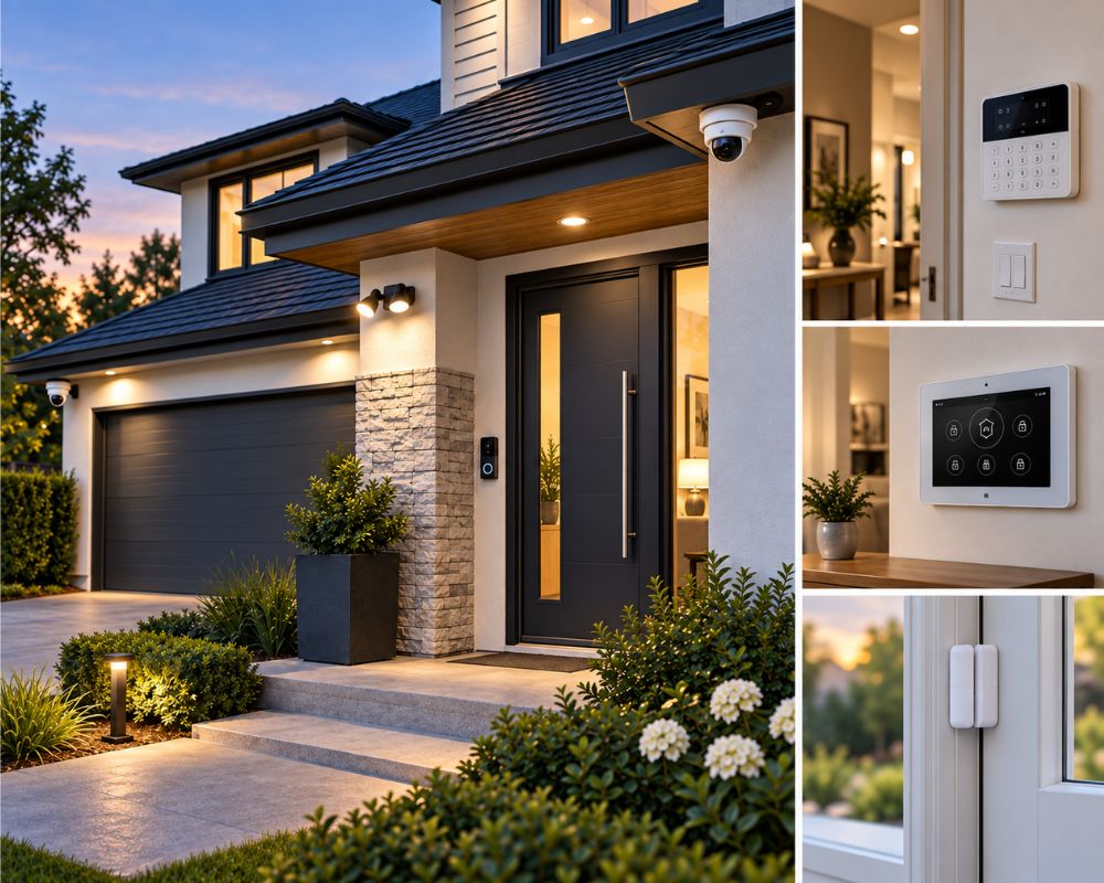 Home security setup at dusk with a dome camera, doorbell camera, alarm keypad, smart home panel, and window contact sensor